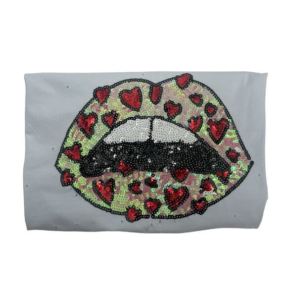Balboa Women’s White Sequins Heart Lip Holes All Over Short Sleeve Tee T-shirt - Picture 10 of 11